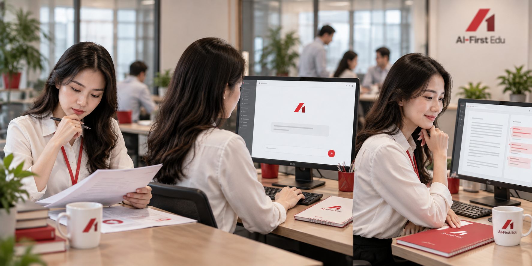 Hai đồng nghiệp đối chiếu tài liệu in với nội dung trên màn hình tại bàn làm việc