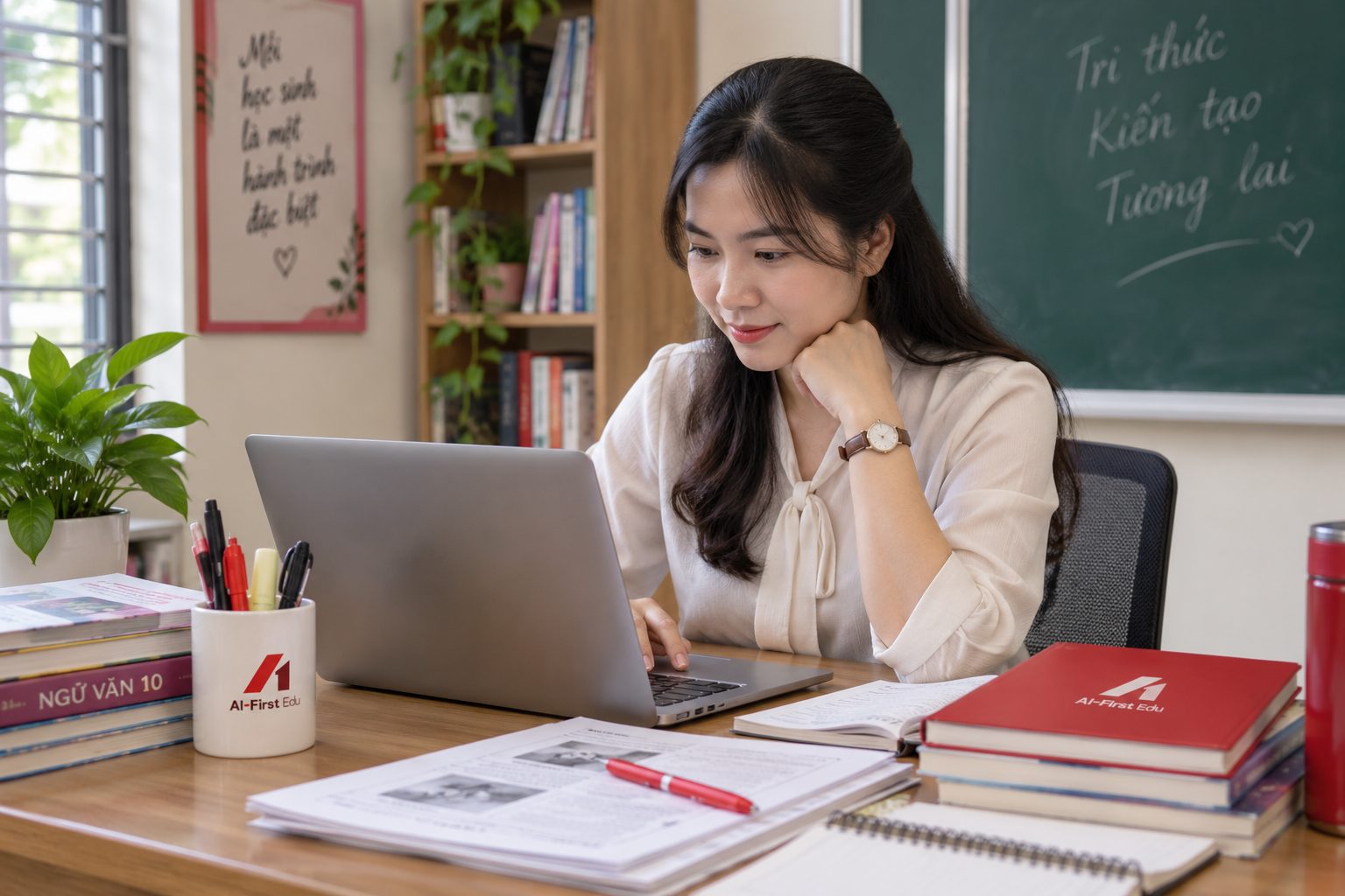 Giáo viên soạn bài trên máy tính trong lớp học có bảng đen