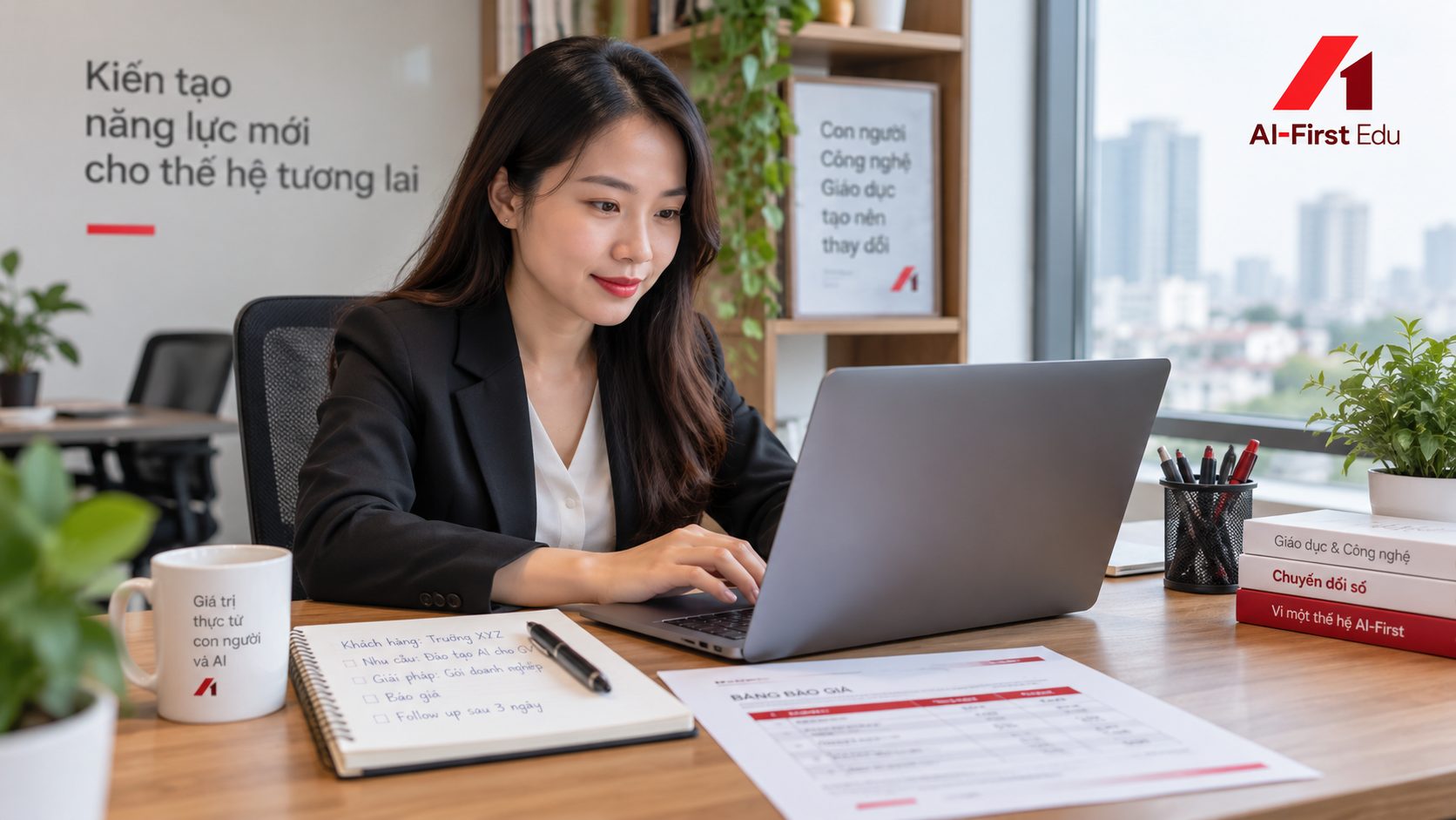 Nhân viên soạn báo cáo tuần trên máy tính, bên cạnh là bản in đã đánh dấu