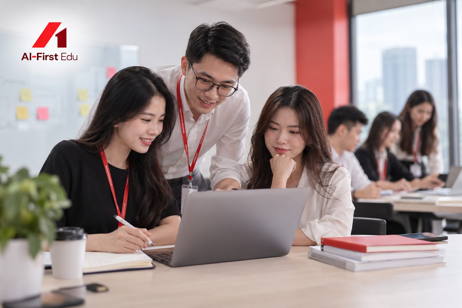 Hai đồng nghiệp cùng rà soát bản báo cáo trên máy tính xách tay
