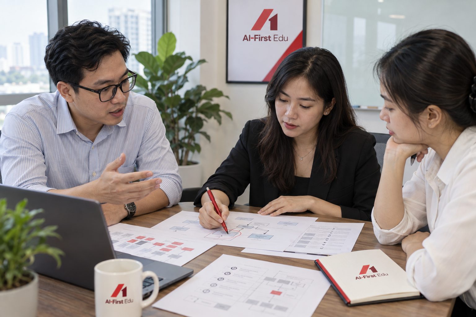 Ba người rà soát bản đề xuất in trên bàn họp trước khi gửi khách hàng