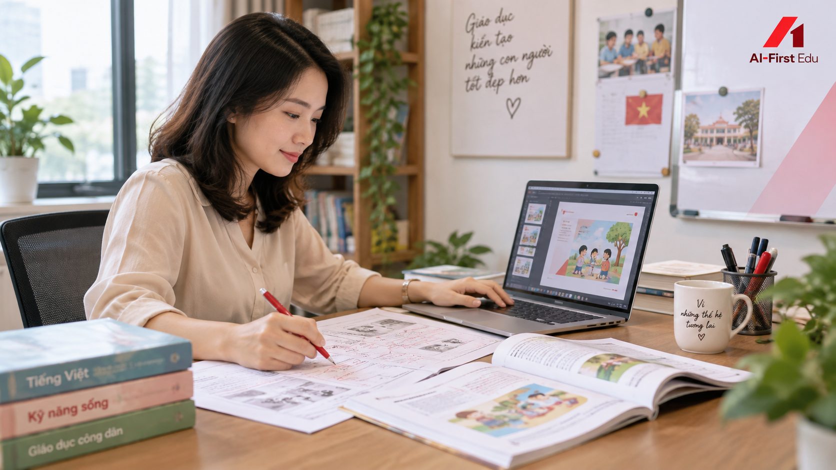 Giáo viên thiết kế học liệu trên máy tính bên cạnh sách và giáo án