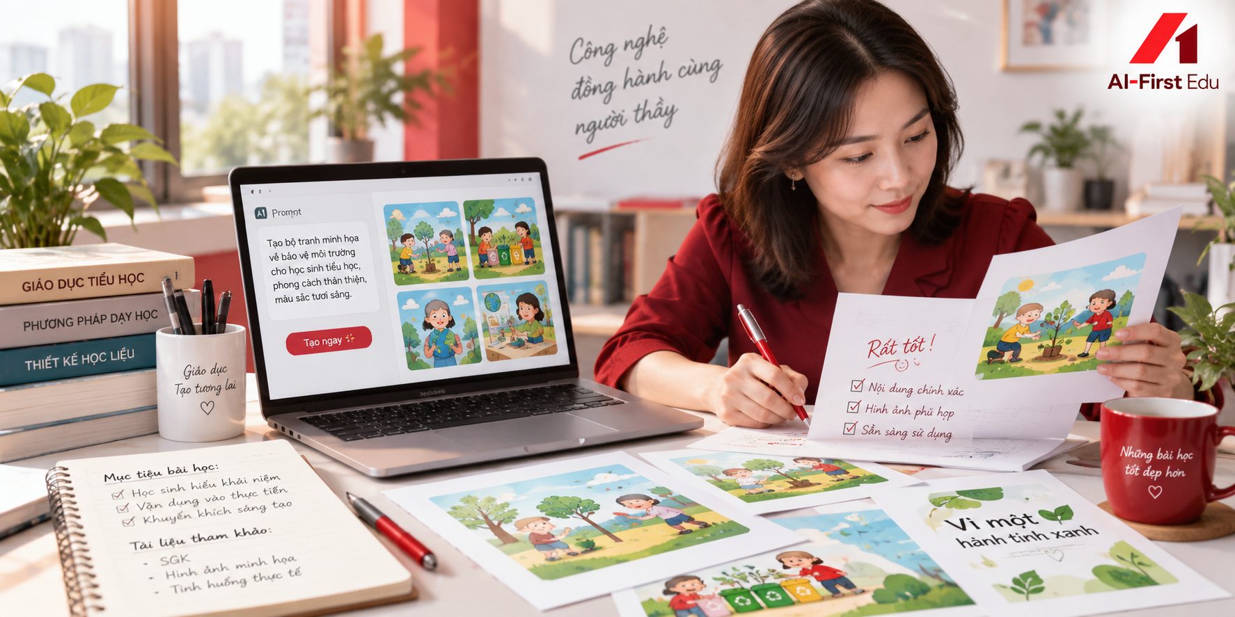 Giáo viên đối chiếu bộ học liệu in với bản thiết kế trên máy tính